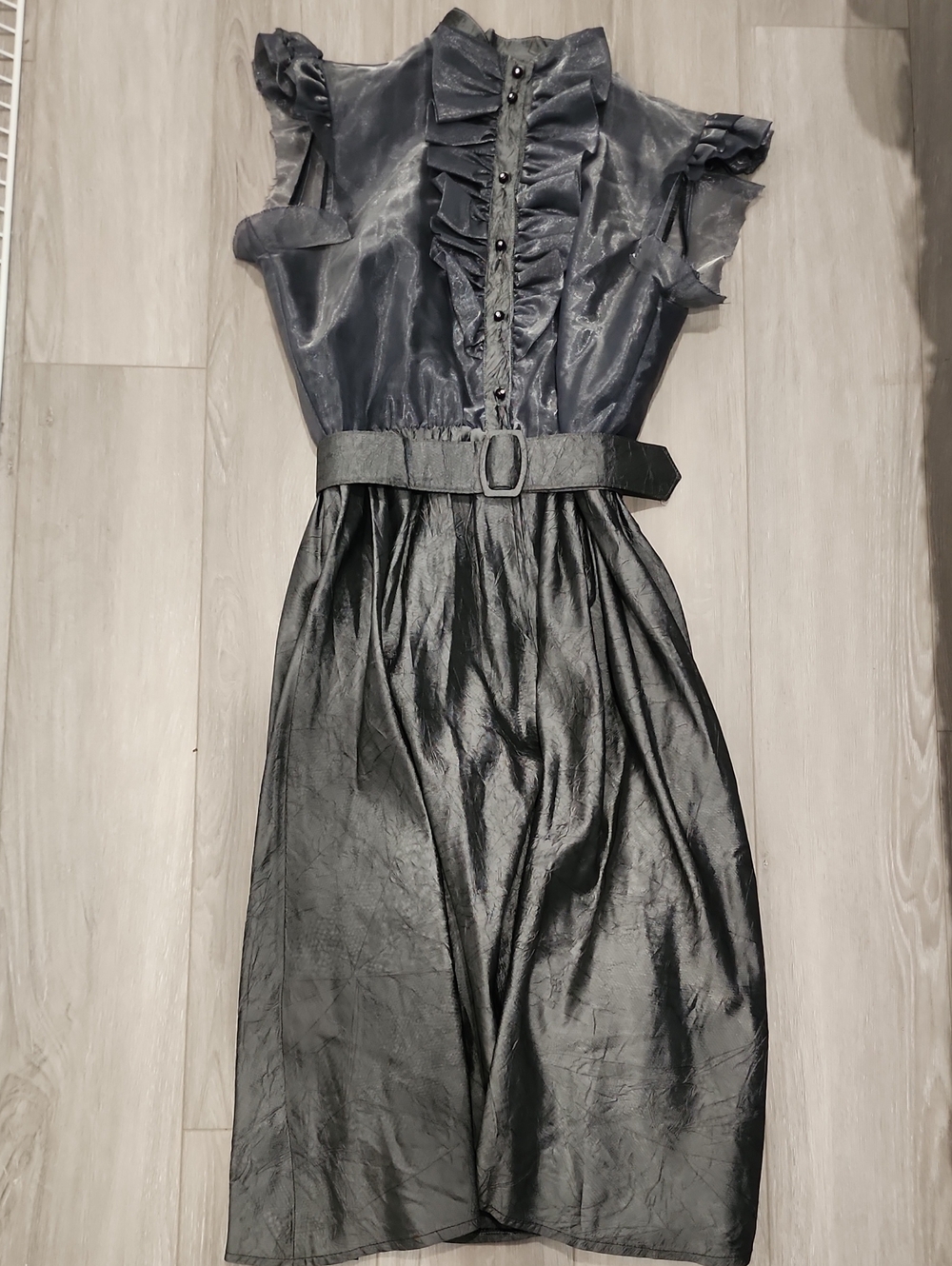 1980'sSheer Ruffle Belted Midi Dress - GREY